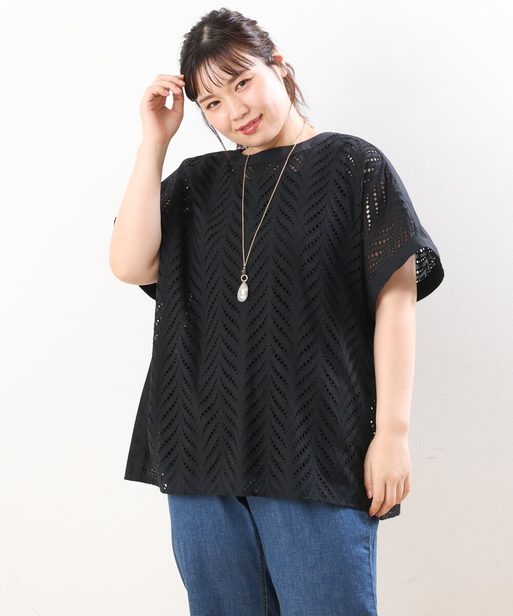 OLBHS32090 eur3(エウルキューブ) 【大きいサイズ】リーフ柄ポンチョ風レースブラウス ブラック(94)