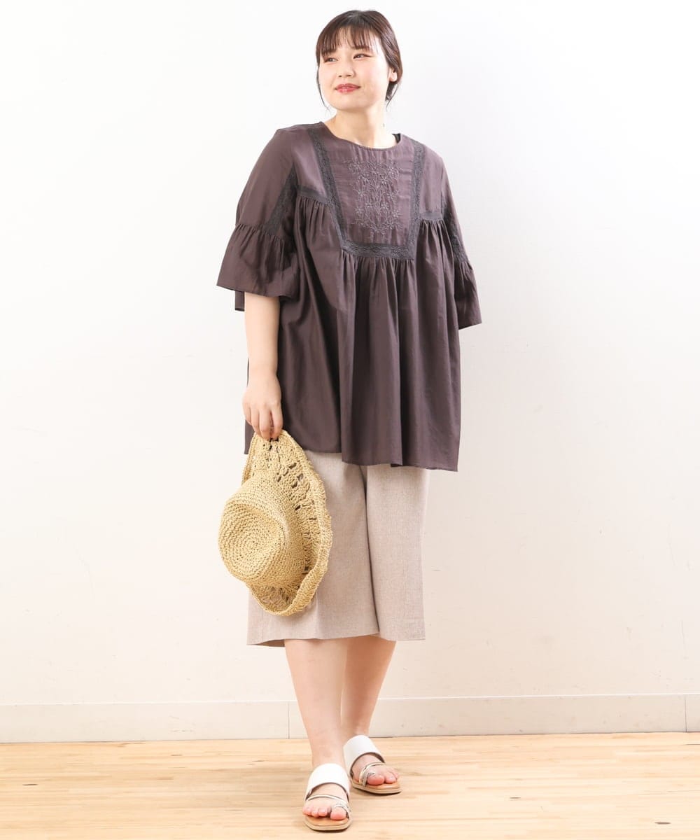OLBHS33120 eur3(エウルキューブ) 【大きいサイズ】レース刺繍コットンシルクチュニック ブラウン(87)