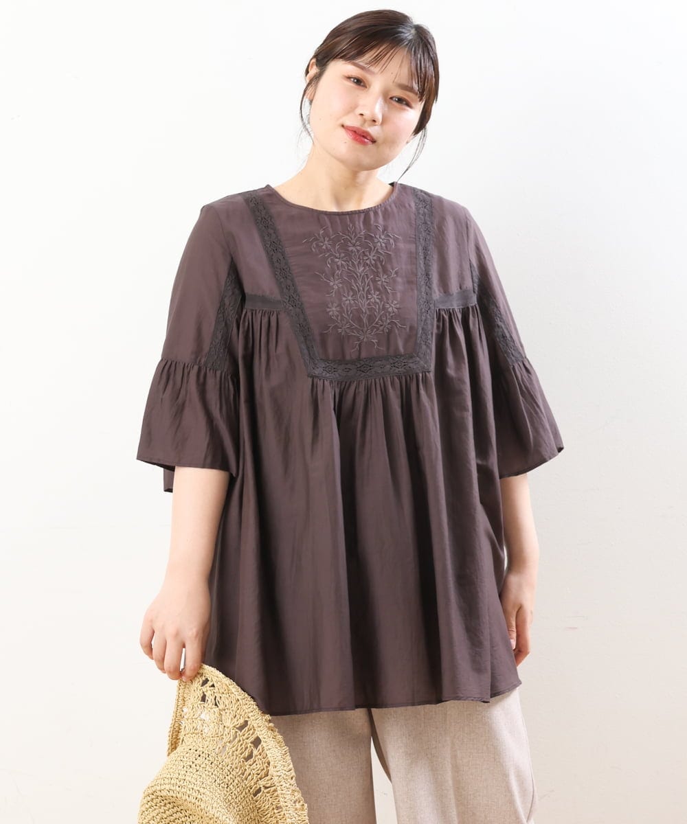 OLBHS33120 eur3(エウルキューブ) 【大きいサイズ】レース刺繍コットンシルクチュニック ブラウン(87)