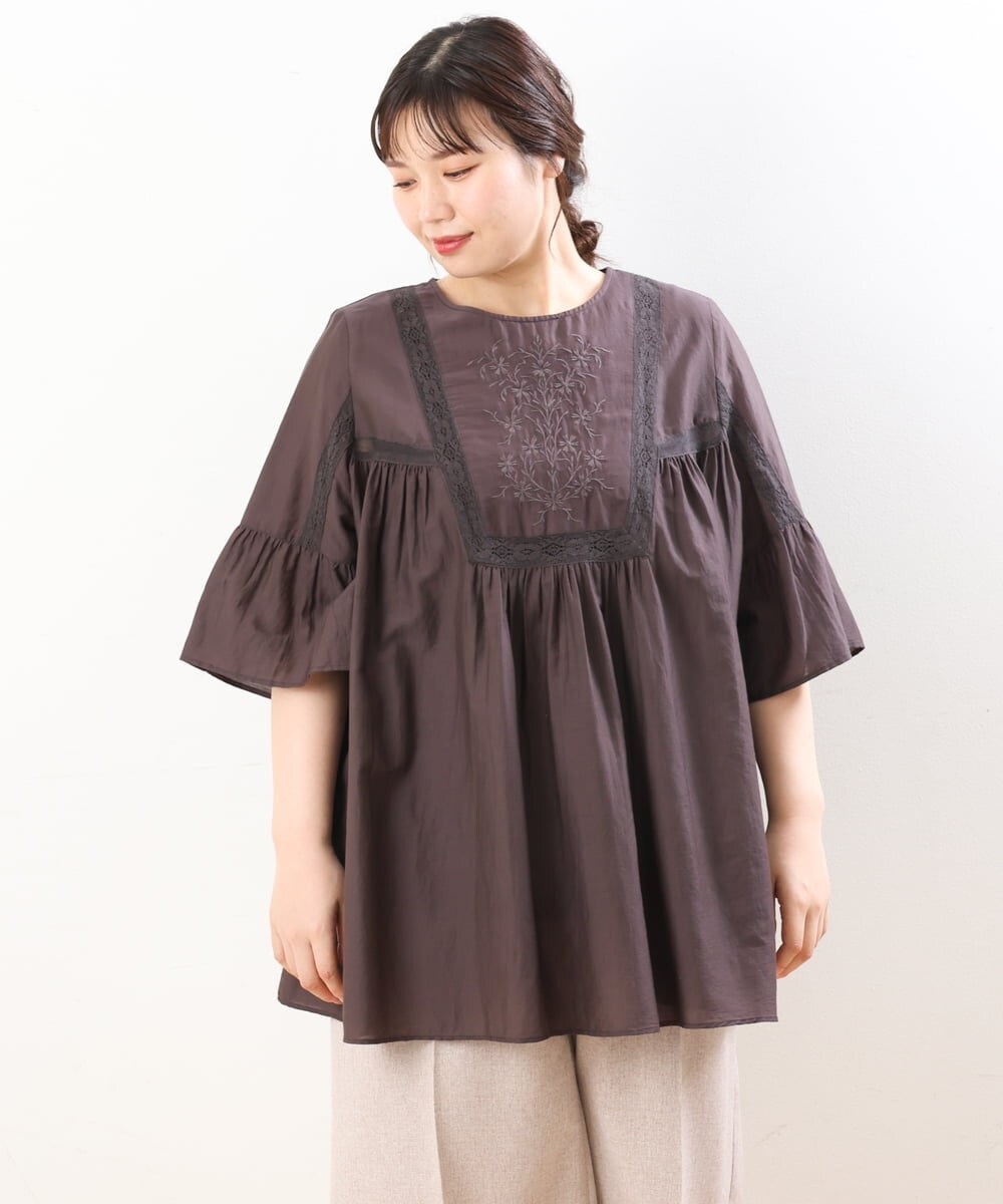 OLBHS33120 eur3(エウルキューブ) 【大きいサイズ】レース刺繍コットンシルクチュニック ブラウン(87)