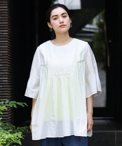 OLBHS33120  【大きいサイズ】レース刺繍コットンシルクチュニック