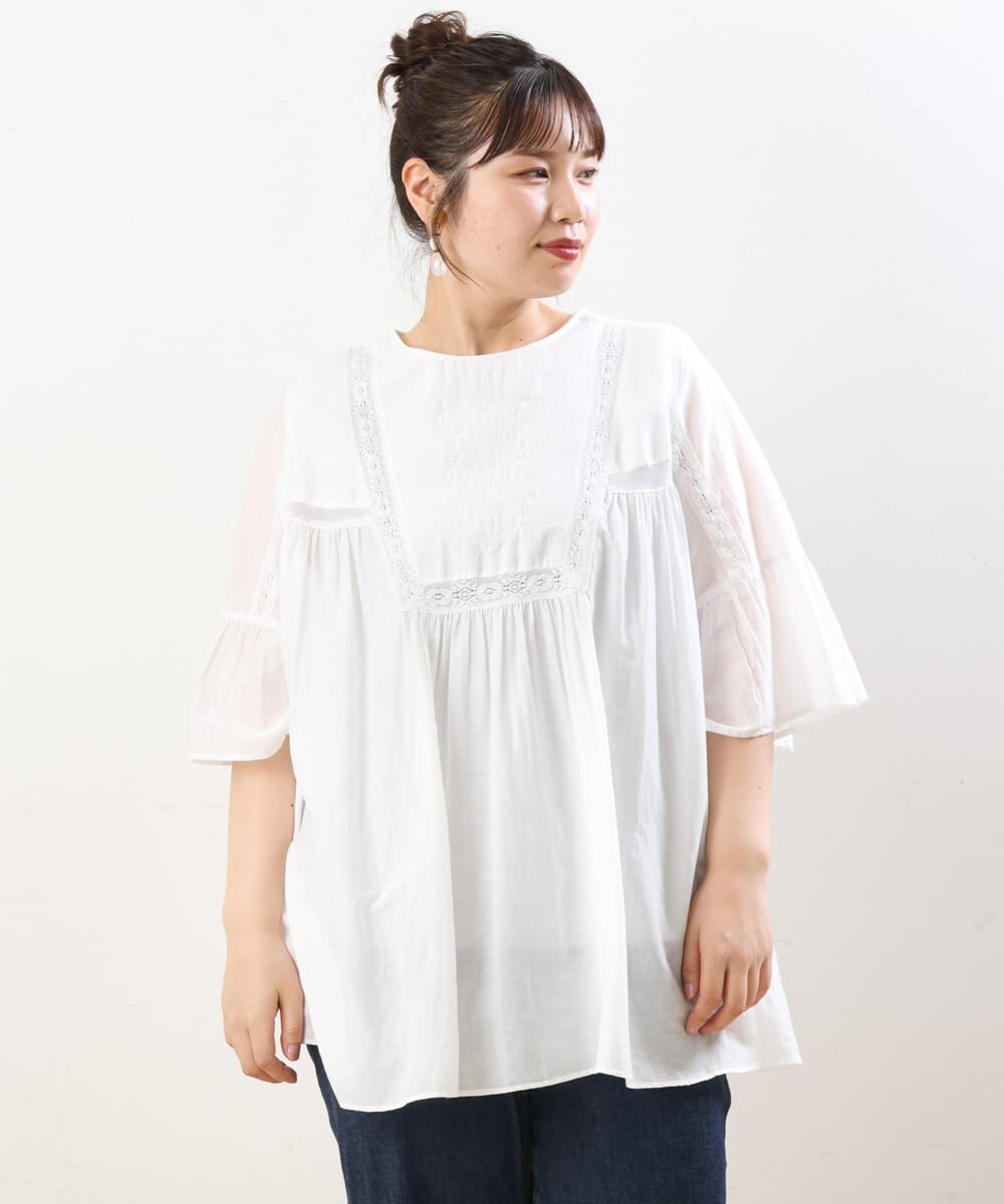 OLBHS33120 eur3(エウルキューブ) 【大きいサイズ】レース刺繍コットンシルクチュニック ホワイト(90)