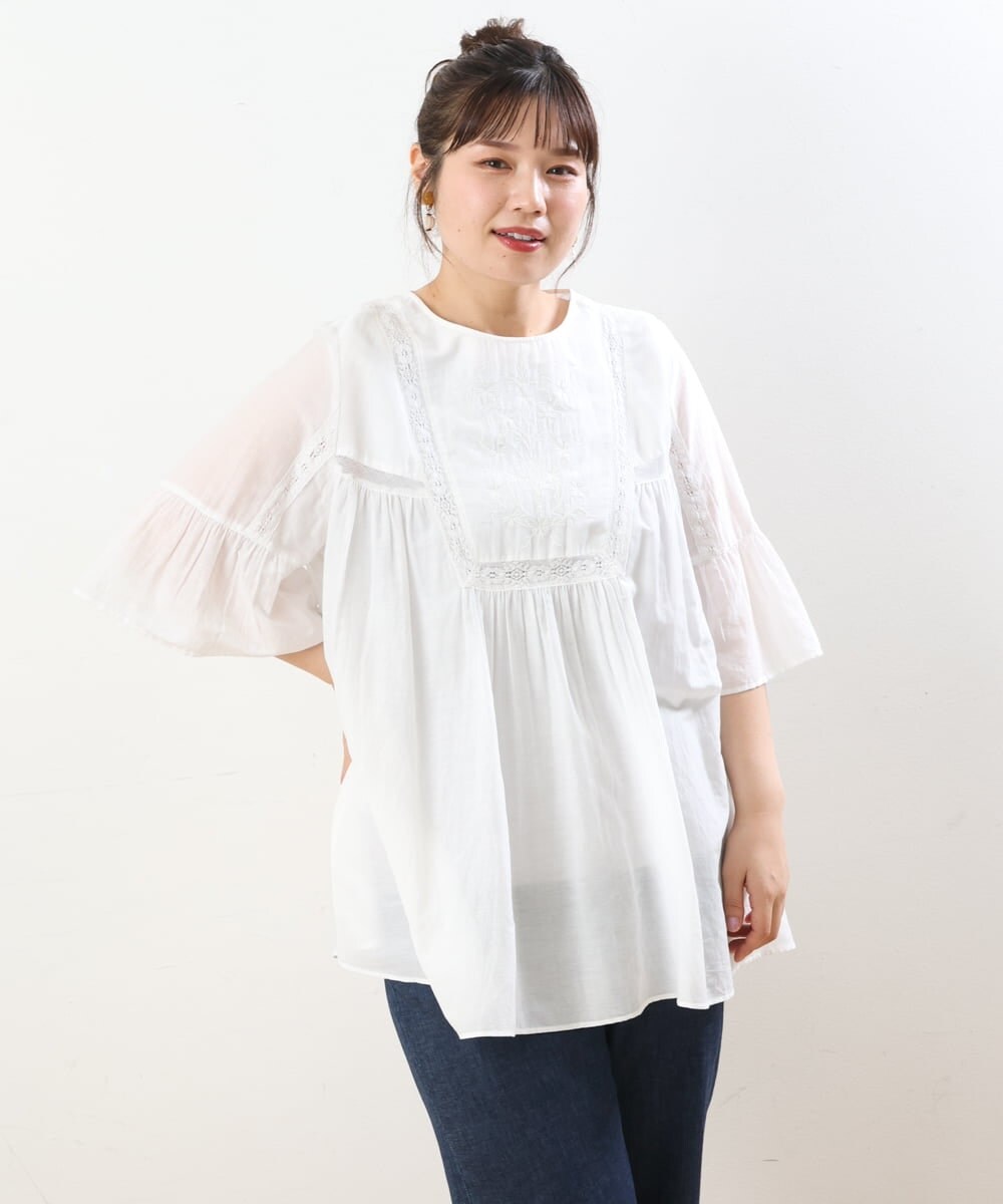OLBHS33120 eur3(エウルキューブ) 【大きいサイズ】レース刺繍コットンシルクチュニック ホワイト(90)