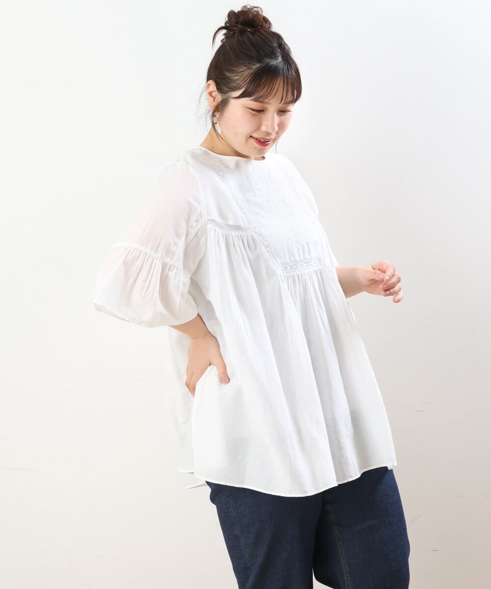 OLBHS33120 eur3(エウルキューブ) 【大きいサイズ】レース刺繍コットンシルクチュニック ホワイト(90)