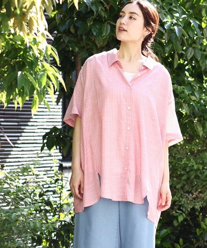 OLBHV32099 eur3 【大きいサイズ】バックギャザーストライプシャツ