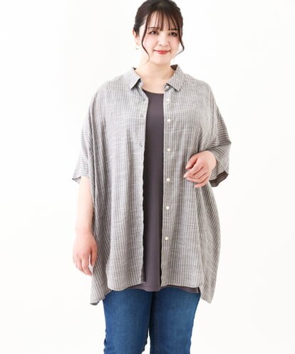 OLBHV32099 eur3 【大きいサイズ】バックギャザーストライプシャツ