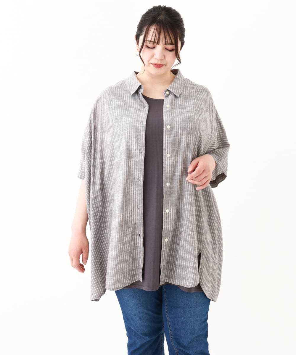 OLBHV32099 eur3(エウルキューブ) 【大きいサイズ】バックギャザーストライプシャツ グレー(92)