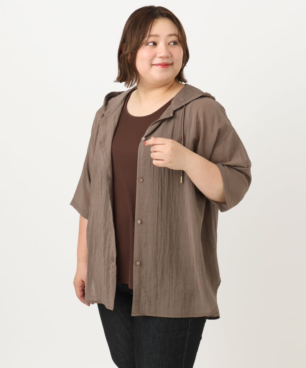 OLBIA10109 eur3(エウルキューブ) 【WEB先行販売】【大きいサイズ】シアーフーディー半袖ブラウス モカ(84)