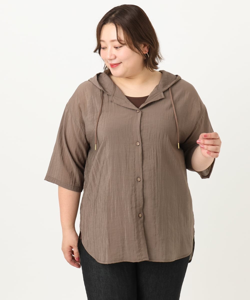 OLBIA10109 eur3(エウルキューブ) 【WEB先行販売】【大きいサイズ】シアーフーディー半袖ブラウス モカ(84)