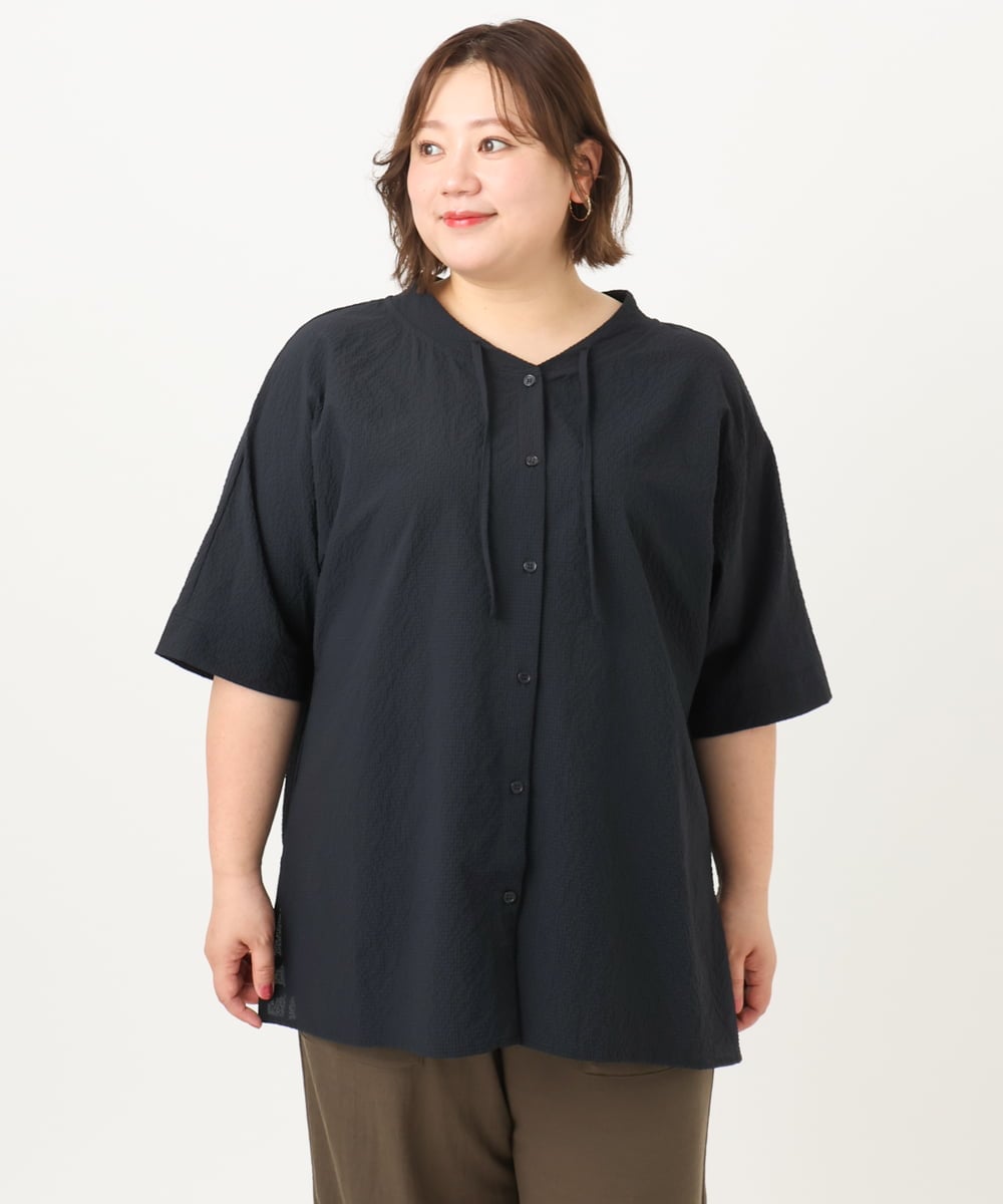 OLBIA27089 eur3(エウルキューブ) 【大きいサイズ】ぽこぽこフーディー風ブラウス ネイビー(57)