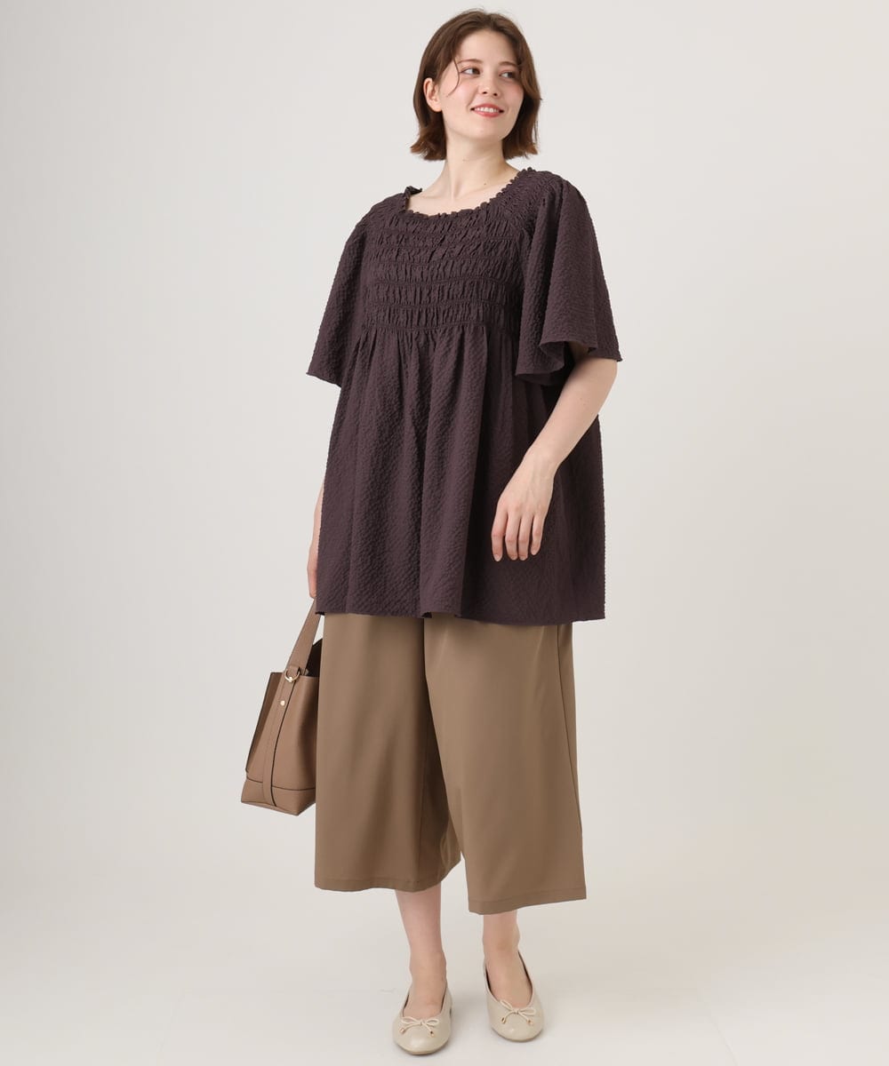OLBID47089 eur3(エウルキューブ) 【WEB先行販売】【大きいサイズ/速乾】ギンガムチェックシャーリングブラウス ダークブラウン