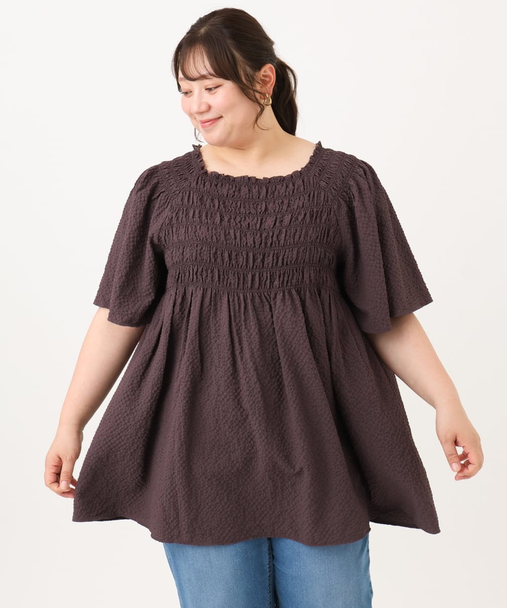 OLBID47089 eur3(エウルキューブ) 【WEB先行販売】【大きいサイズ/速乾】ギンガムチェックシャーリングブラウス ダークブラウン