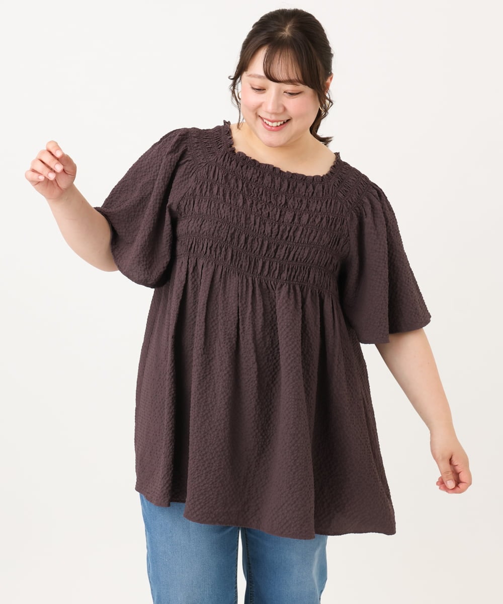 OLBID47089 eur3(エウルキューブ) 【WEB先行販売】【大きいサイズ/速乾】ギンガムチェックシャーリングブラウス ダークブラウン