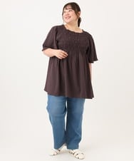 OLBID47089 eur3(エウルキューブ) 【WEB先行販売】【大きいサイズ/速乾】ギンガムチェックシャーリングブラウス ダークブラウン