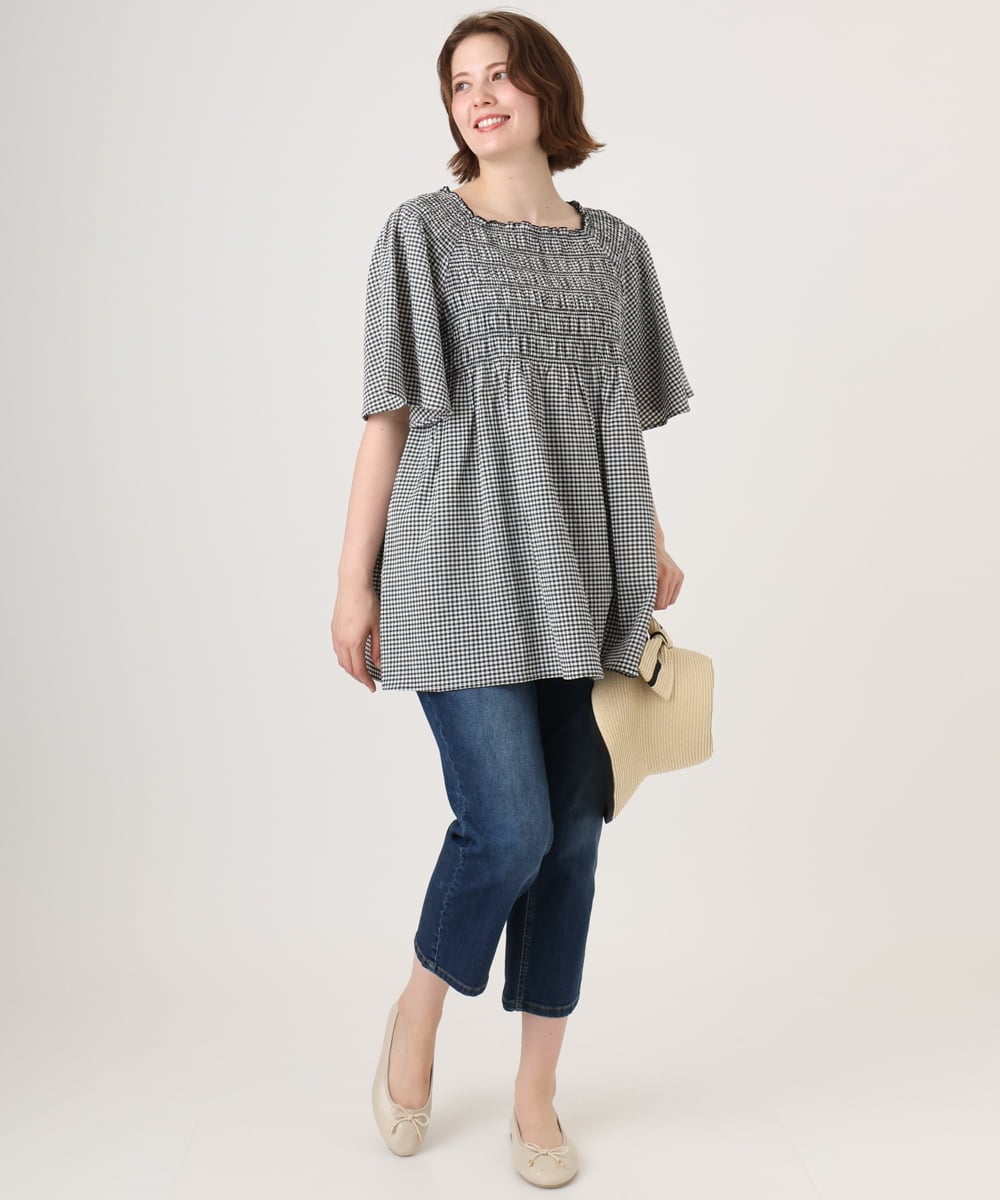 OLBID47089 eur3(エウルキューブ) 【WEB先行販売】【大きいサイズ/速乾】ギンガムチェックシャーリングブラウス ホワイト