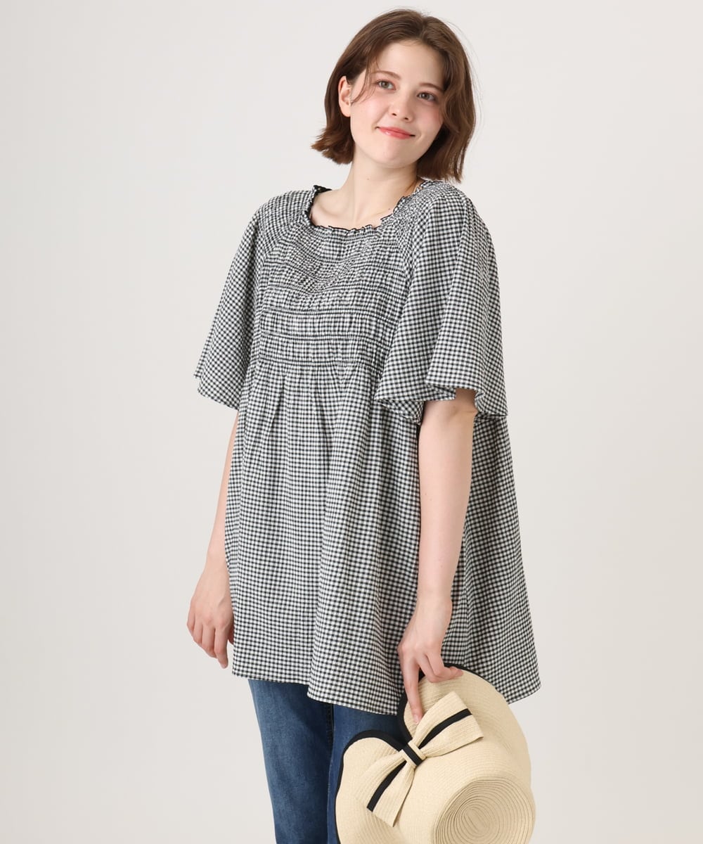 OLBID47089 eur3(エウルキューブ) 【WEB先行販売】【大きいサイズ/速乾】ギンガムチェックシャーリングブラウス ホワイト