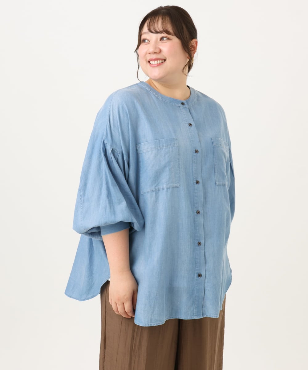 OLBID51149 eur3(エウルキューブ) 【大きいサイズ】ノーカラーシア―デニムシャツ ライトブルー