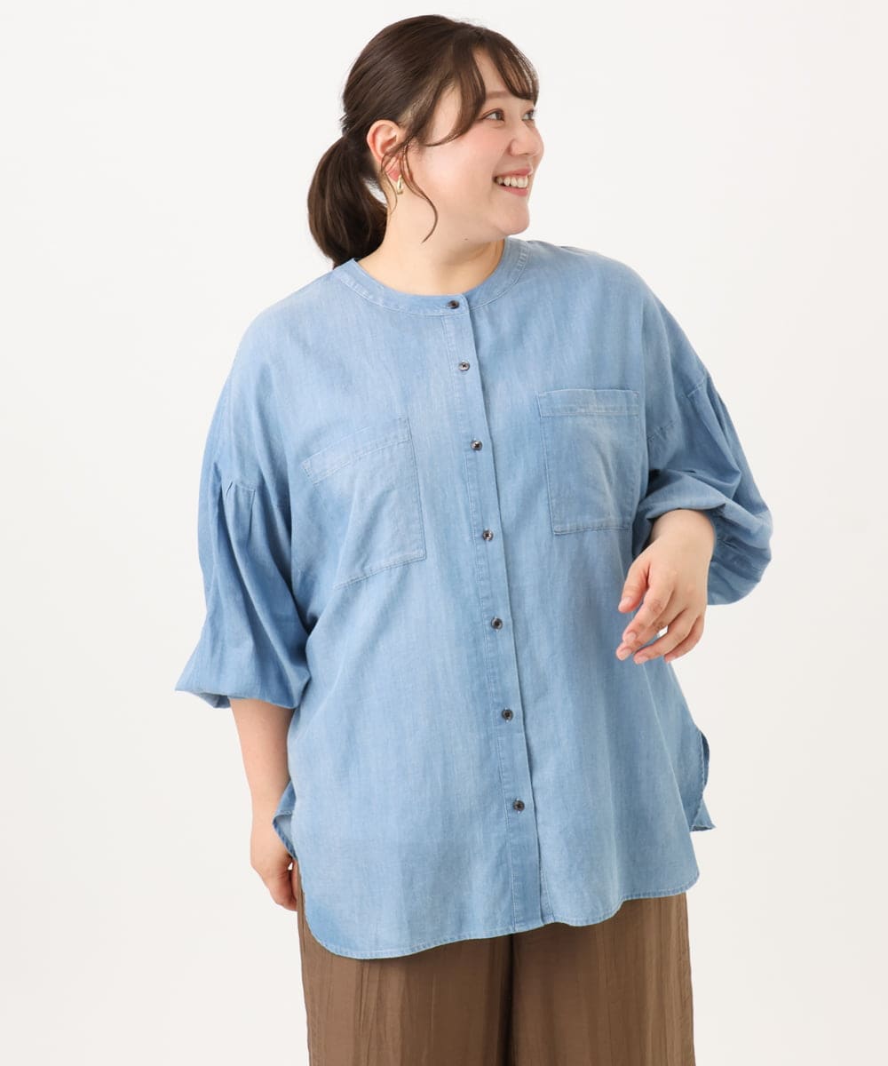OLBID51149 eur3(エウルキューブ) 【大きいサイズ】ノーカラーシア―デニムシャツ ライトブルー