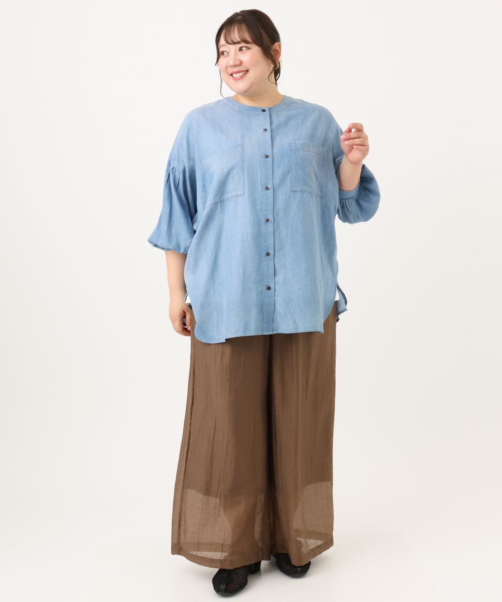 OLBID51149 eur3(エウルキューブ) 【大きいサイズ】ノーカラーシア―デニムシャツ ライトブルー