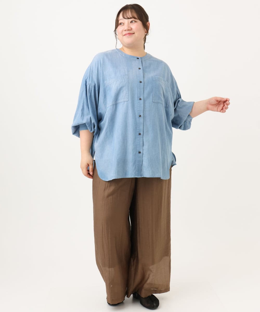 OLBID51149 eur3(エウルキューブ) 【大きいサイズ】ノーカラーシア―デニムシャツ ライトブルー