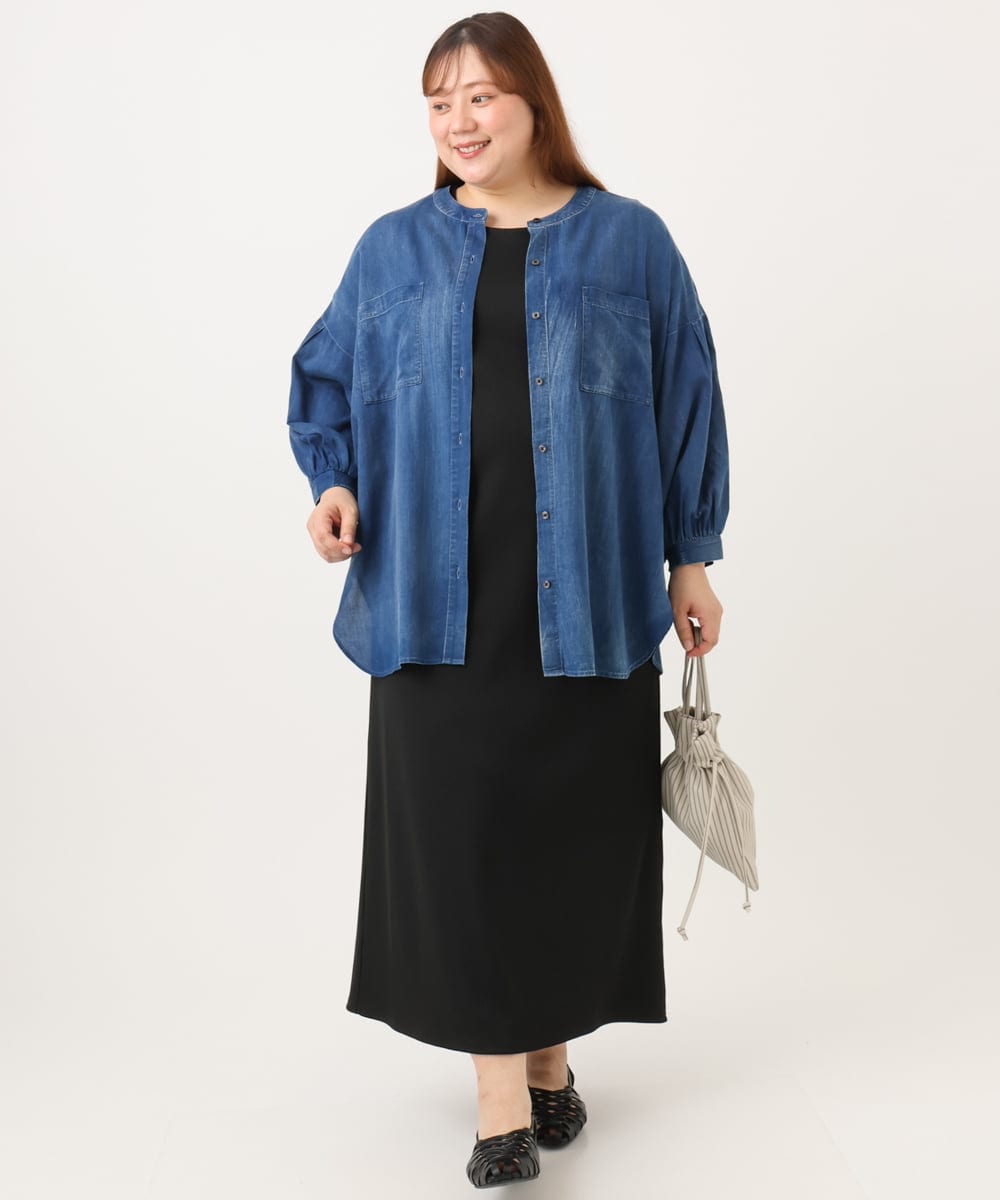 OLBID51149 eur3(エウルキューブ) 【大きいサイズ】ノーカラーシア―デニムシャツ ネイビー