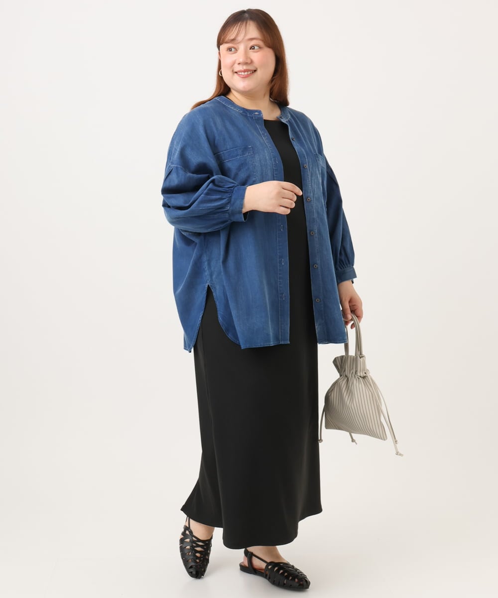 OLBID51149 eur3(エウルキューブ) 【大きいサイズ】ノーカラーシア―デニムシャツ ネイビー