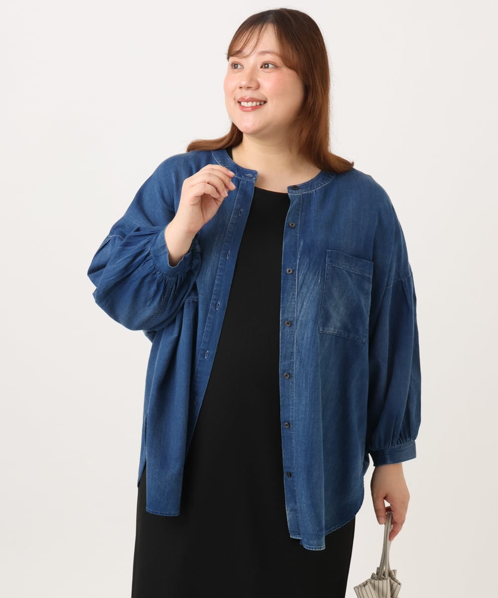 OLBID51149 eur3(エウルキューブ) 【大きいサイズ】ノーカラーシア―デニムシャツ ネイビー