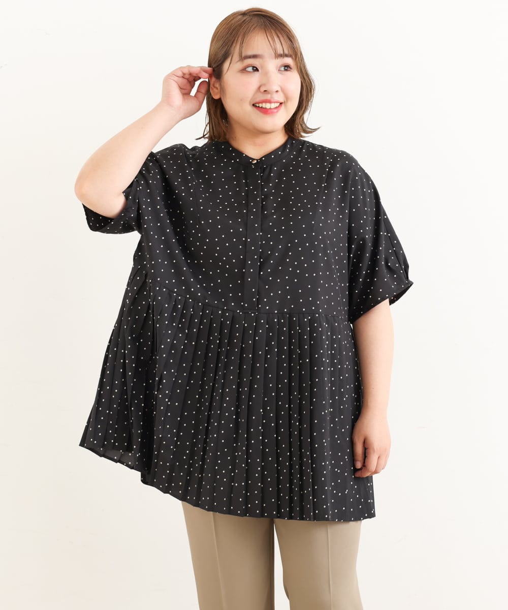 OLBIP36090 eur3(エウルキューブ) 【大きいサイズ】プリーツチュニック ブラック(94)(ドット柄)