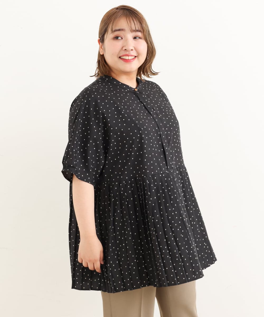 OLBIP36090 eur3(エウルキューブ) 【大きいサイズ】プリーツチュニック ブラック(94)(ドット柄)