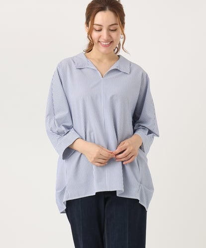 OLBJA02099 eur3 【大きいサイズ】バックギャザーストライプシャツ