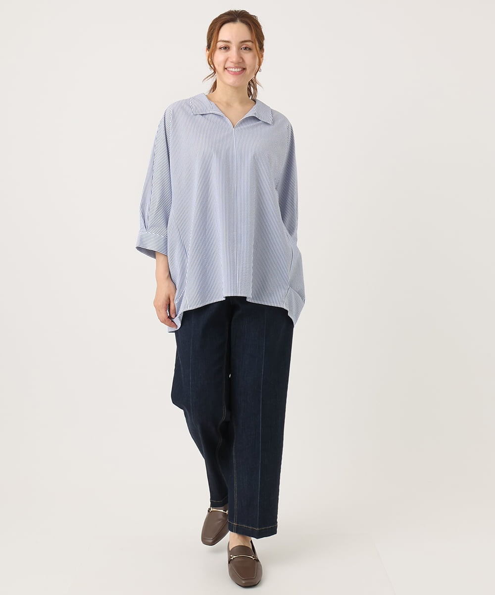 OLBJA02099 eur3(エウルキューブ) 【大きいサイズ】バックギャザーストライプシャツ ブルー(55)