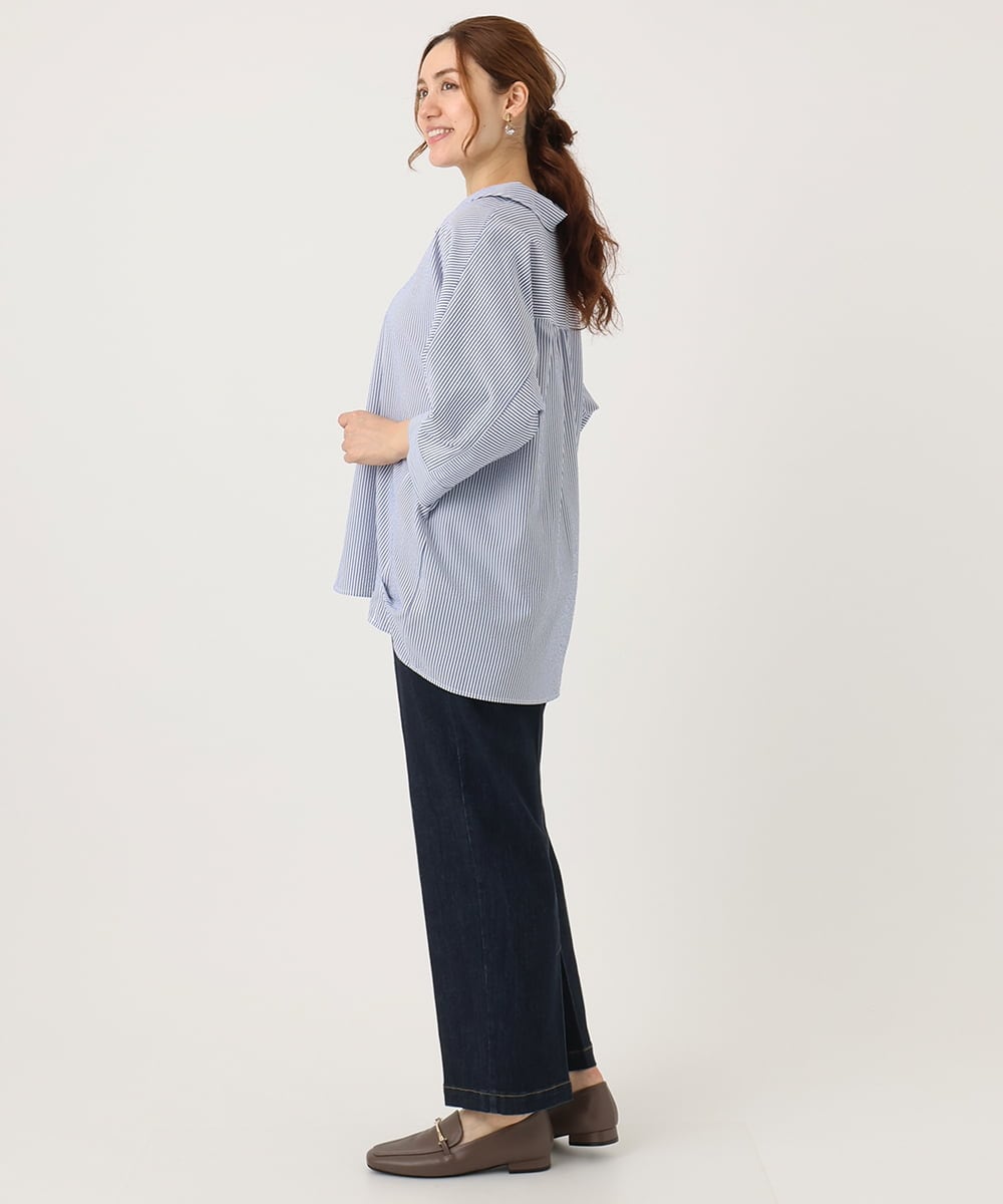 OLBJA02099 eur3(エウルキューブ) 【大きいサイズ】バックギャザーストライプシャツ ブルー(55)