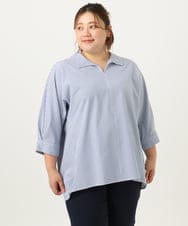 OLBJA02099 eur3(エウルキューブ) 【大きいサイズ】バックギャザーストライプシャツ ブルー(55)