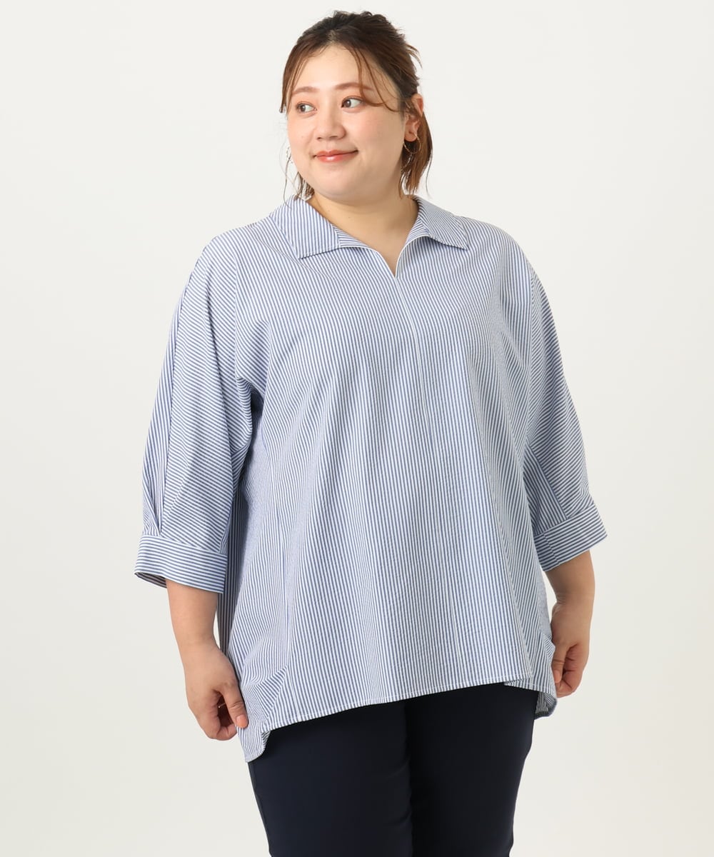 OLBJA02099 eur3(エウルキューブ) 【大きいサイズ】バックギャザーストライプシャツ ブルー(55)