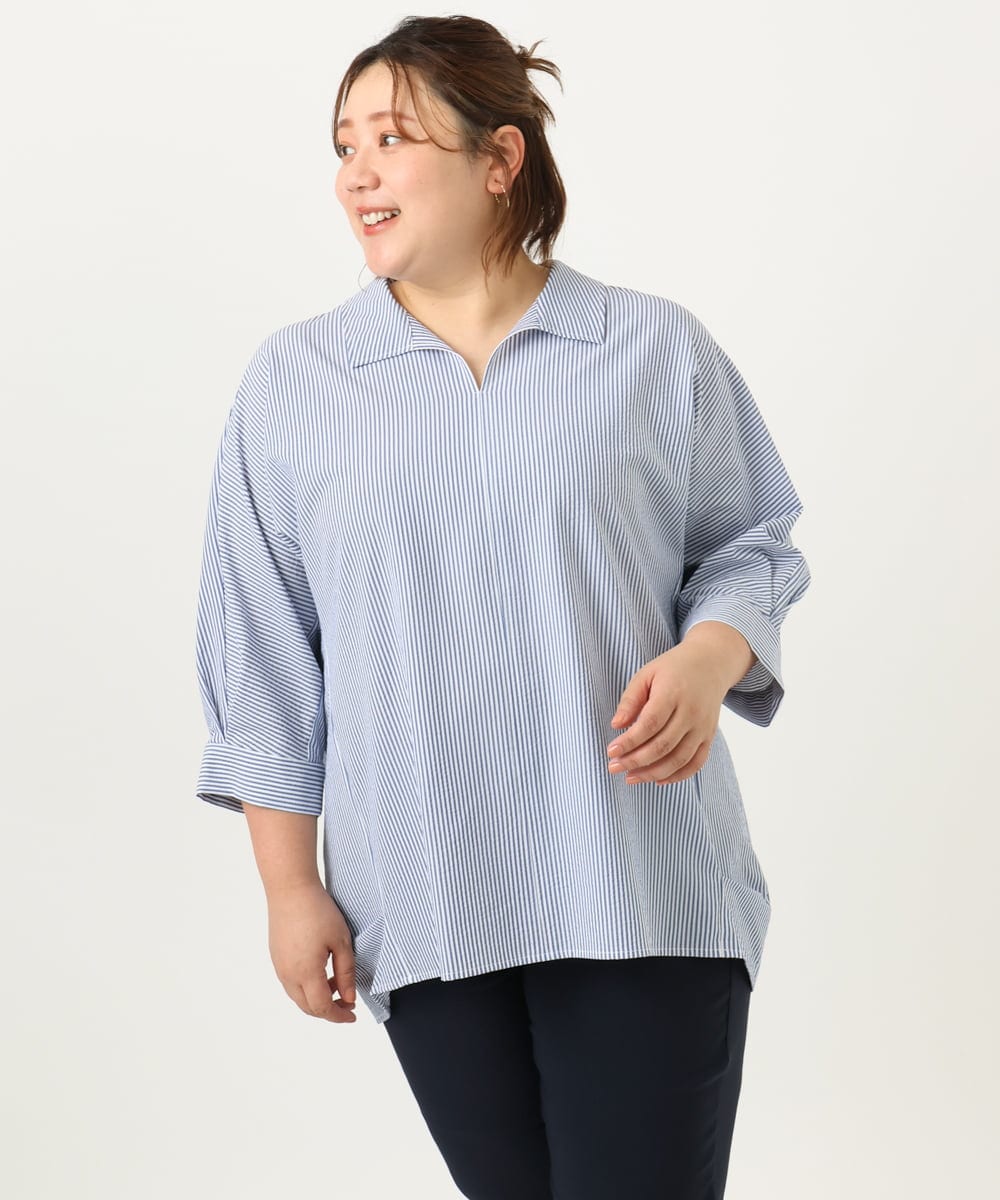 OLBJA02099 eur3(エウルキューブ) 【大きいサイズ】バックギャザーストライプシャツ ブルー(55)