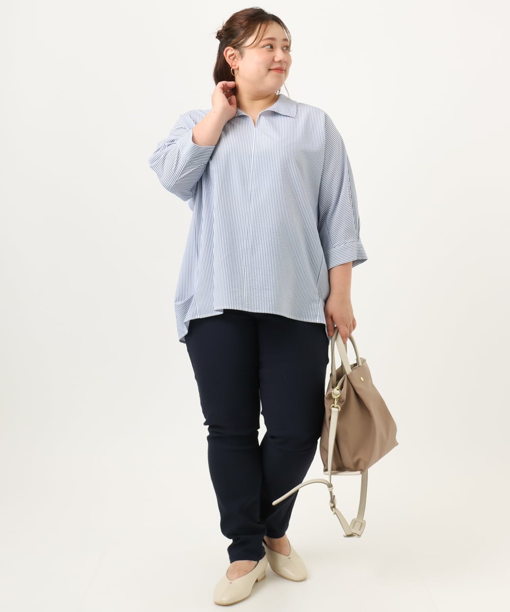 OLBJA02099 eur3(エウルキューブ) 【大きいサイズ】バックギャザーストライプシャツ ブルー(55)