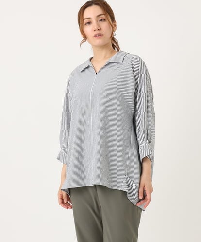 OLBJA02099 eur3 【大きいサイズ】バックギャザーストライプシャツ