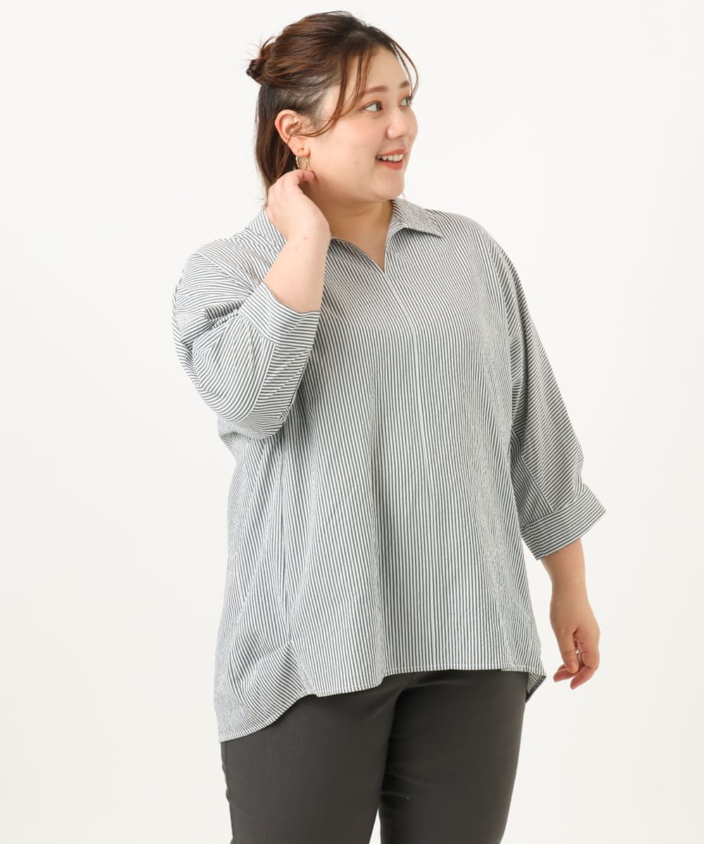 OLBJA02099 eur3(エウルキューブ) 【大きいサイズ】バックギャザーストライプシャツ ブラック(94)