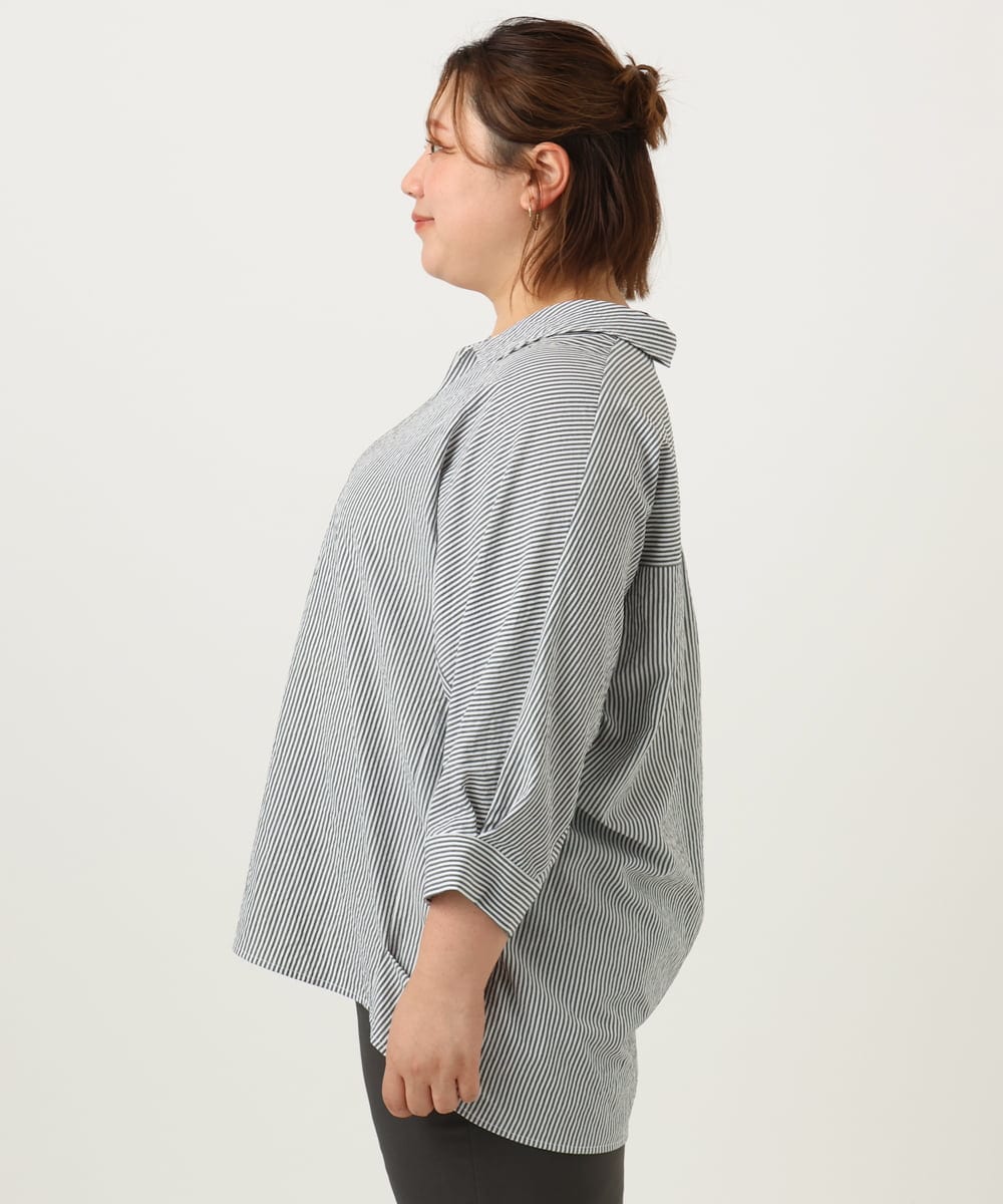 OLBJA02099 eur3(エウルキューブ) 【大きいサイズ】バックギャザーストライプシャツ ブラック(94)