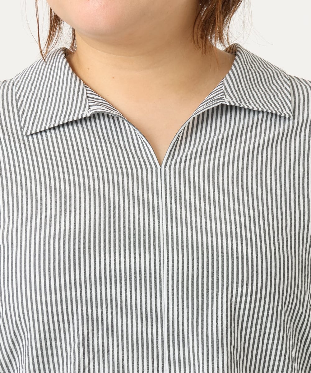 OLBJA02099 eur3(エウルキューブ) 【大きいサイズ】バックギャザーストライプシャツ ブラック(94)