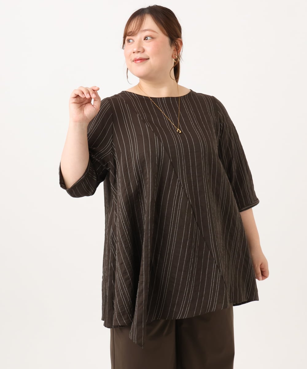 OLBJD02099 eur3(エウルキューブ) 【WEB先行販売】【大きいサイズ/接触冷感】ドビーストライプイレヘムブラウス ダークブラウン