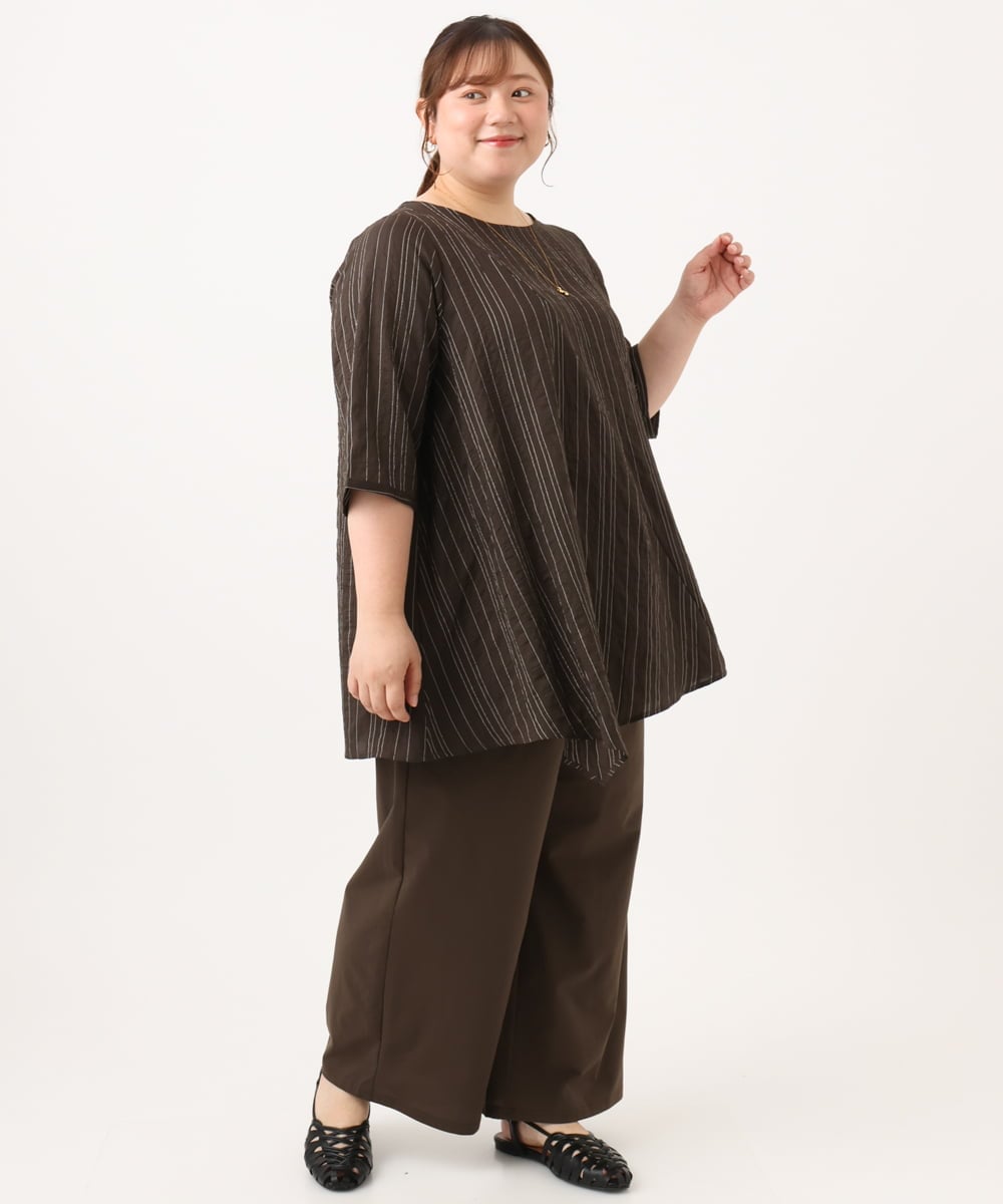 OLBJD02099 eur3(エウルキューブ) 【WEB先行販売】【大きいサイズ/接触冷感】ドビーストライプイレヘムブラウス ダークブラウン