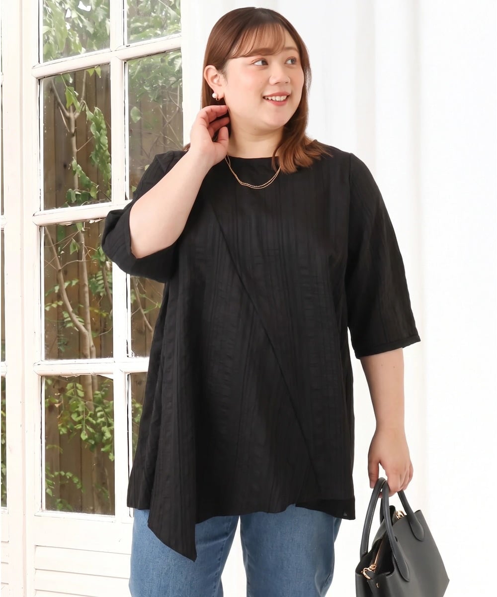 OLBJD02099 eur3(エウルキューブ) 【WEB先行販売】【大きいサイズ/接触冷感】ドビーストライプイレヘムブラウス ブラック（WEB限定カラー）