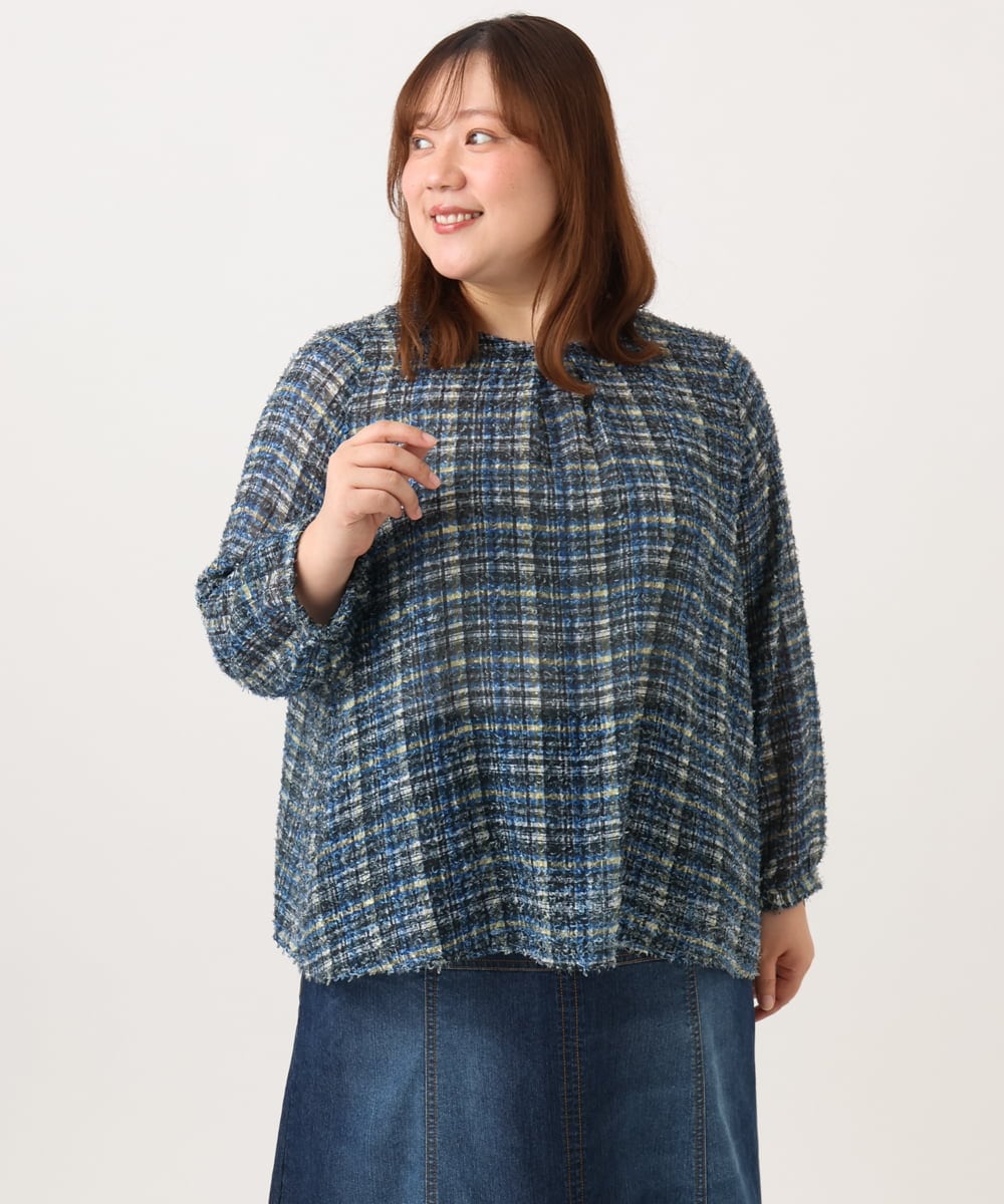 OLBJD05099 eur3(エウルキューブ) 【WEB先行販売】【大きいサイズ】シア―チェックブラウス ネイビー