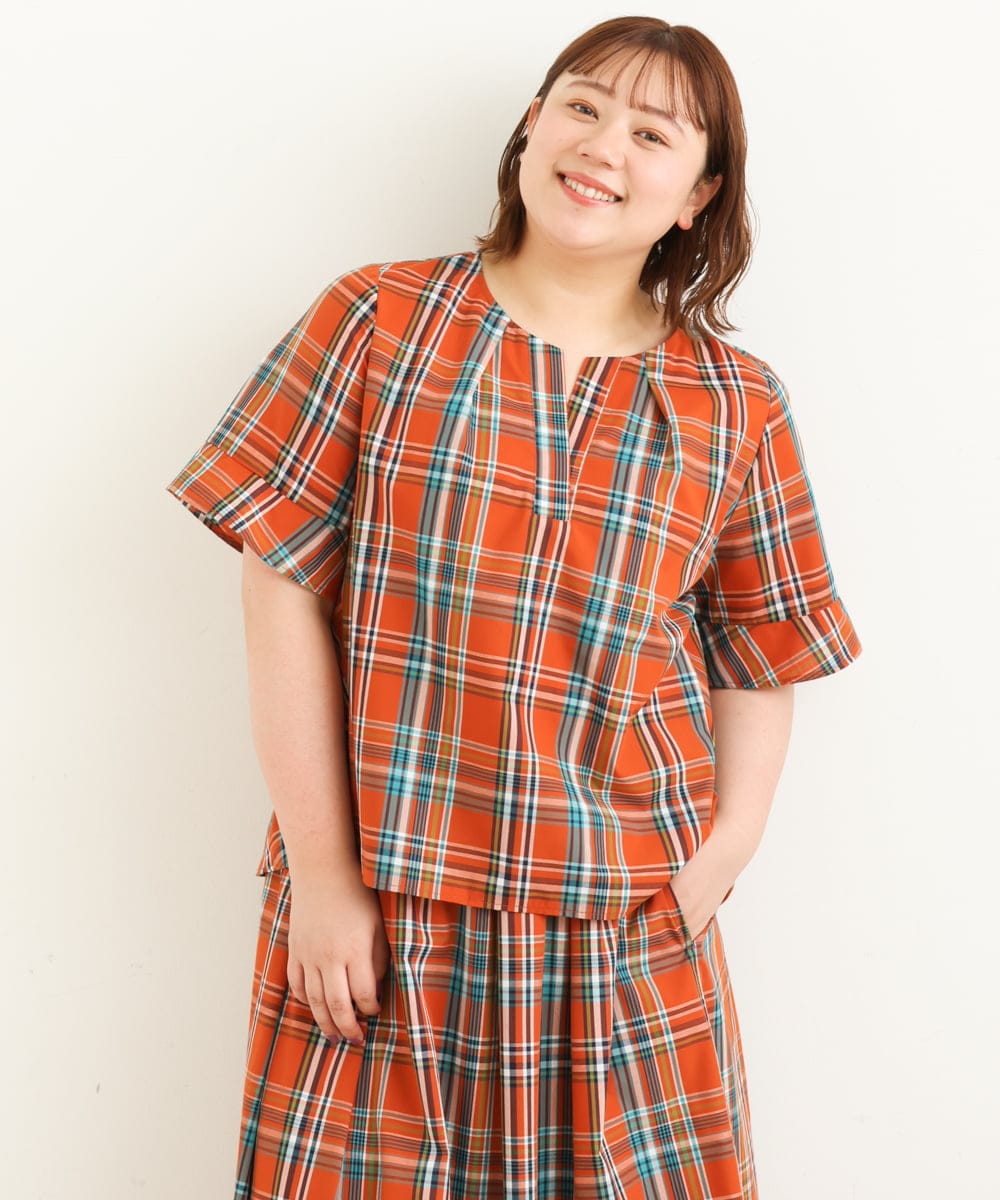 OLBJP01080 eur3(エウルキューブ) 【大きいサイズ/11号サイズあり】マドラスチェックブラウス オレンジ(15)