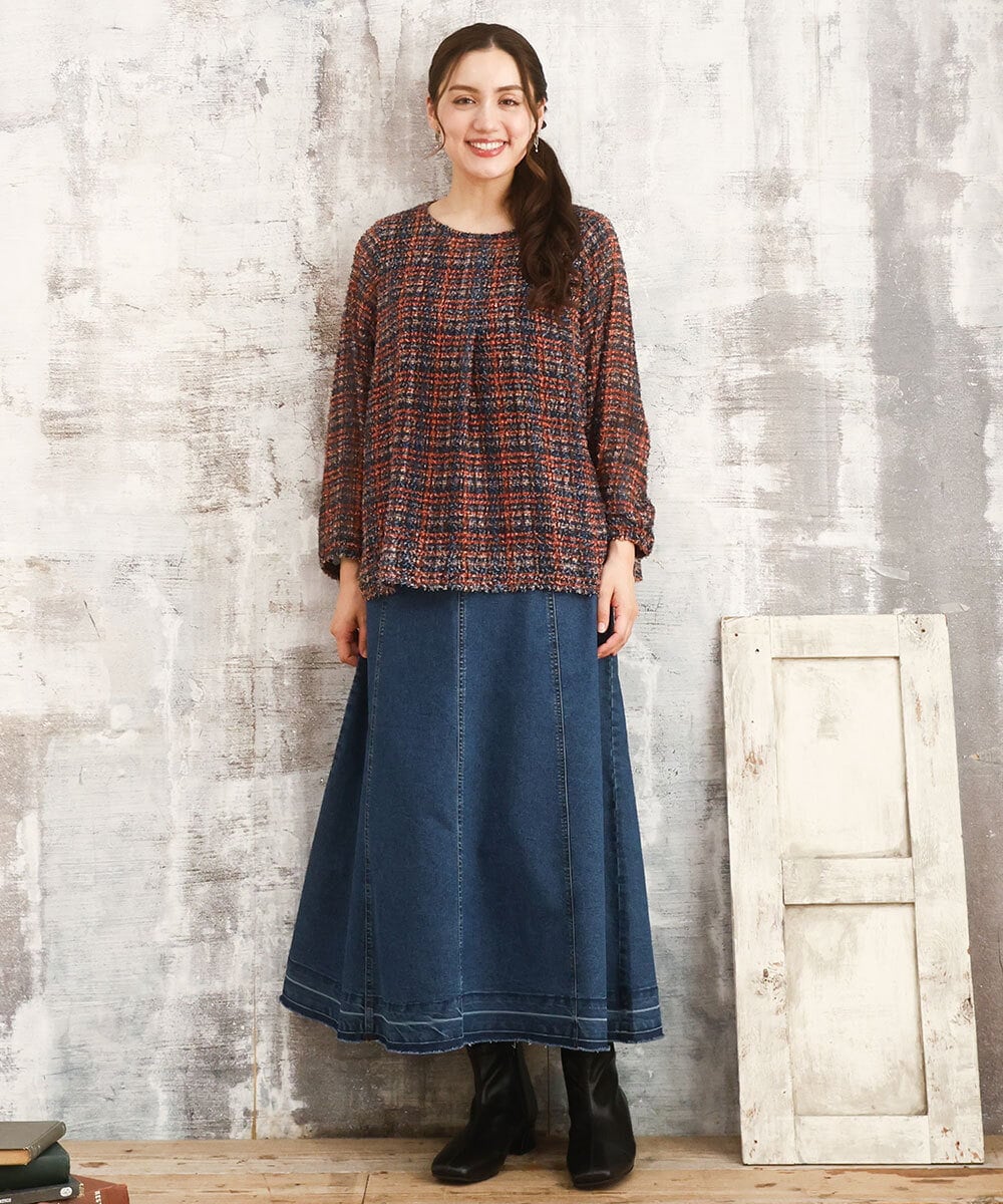 OLBKA06089 eur3(エウルキューブ) 【WEB先行販売】【大きいサイズ】カットジャカードチェック柄ブラウス オレンジ(15)