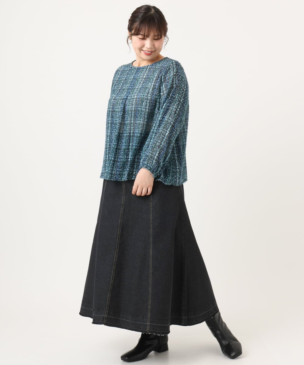 OLBKA06089 eur3(エウルキューブ) 【WEB先行販売】【大きいサイズ】カットジャカードチェック柄ブラウス ブルー(55)