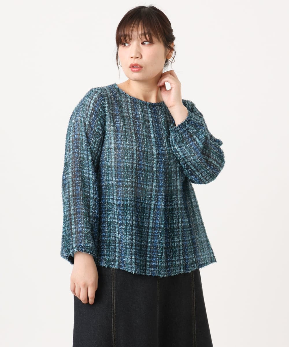 OLBKA06089 eur3(エウルキューブ) 【WEB先行販売】【大きいサイズ】カットジャカードチェック柄ブラウス ブルー(55)