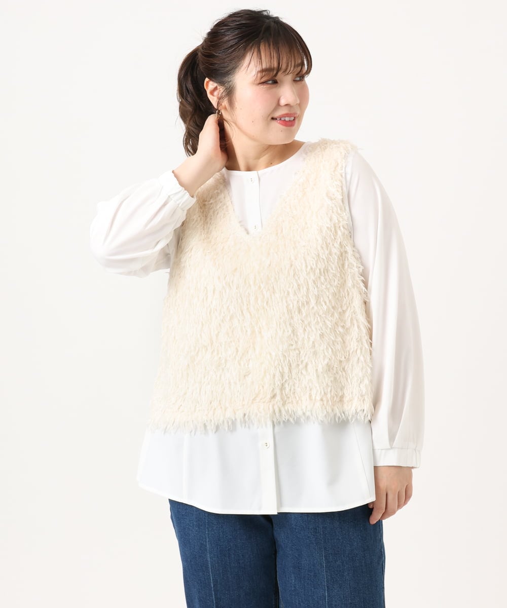 OLBKA07119 eur3(エウルキューブ) 【WEB先行販売】【大きいサイズ】フェザーベスト＋ブラウスセット アイボリー(80)