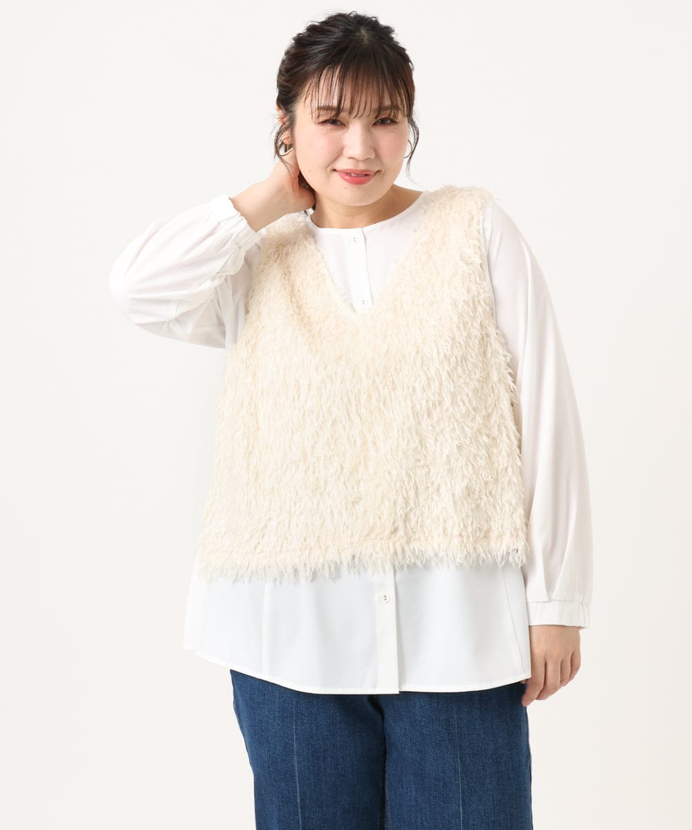 OLBKA07119 eur3(エウルキューブ) 【WEB先行販売】【大きいサイズ】フェザーベスト＋ブラウスセット アイボリー(80)